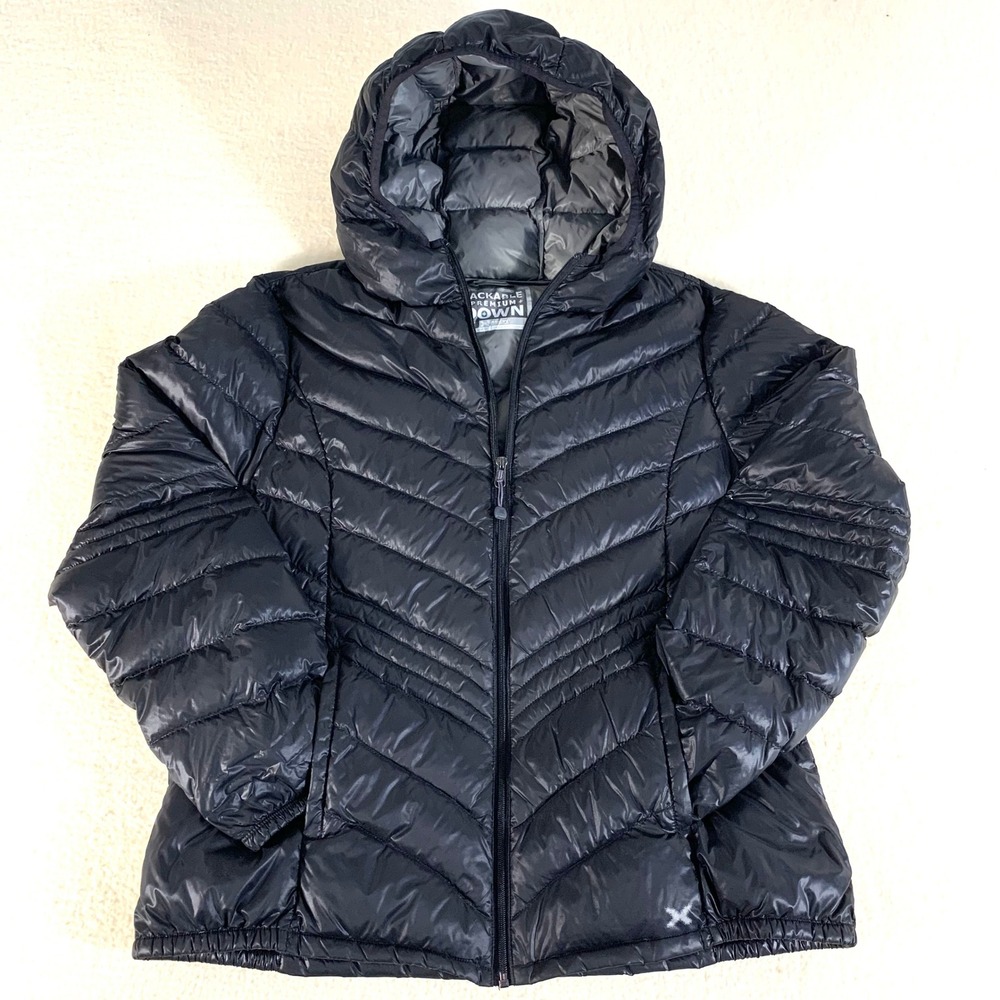 Women's Packable Premium Down Puffer Jacket Black Hooded Large Quilted